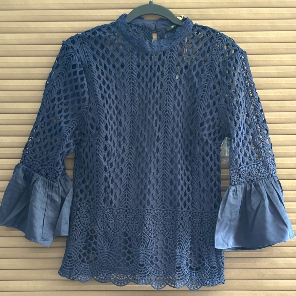 Dolce Cabo Deep Blue Lace Blouse with Flared Sleeves